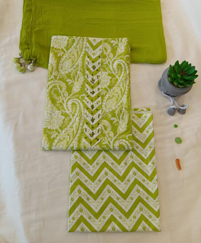 Light green cotton printed with chiffon dupatta