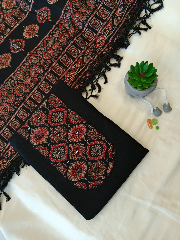 Black semi silk with printed dupatta