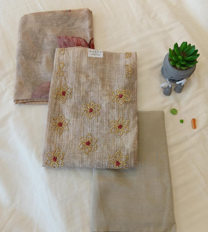 Light beige semi silk handwork with printed dupatta