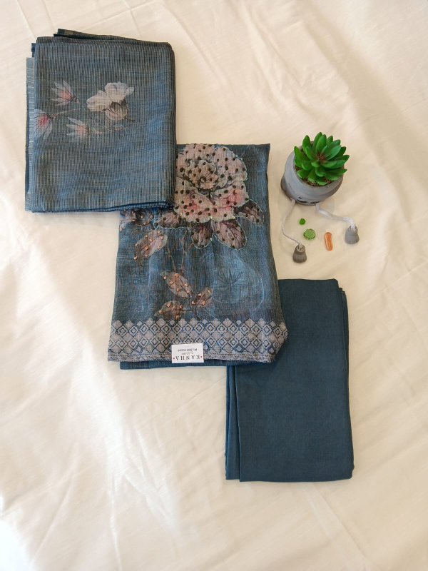 Blue-grey tissue with printed Salwar suit