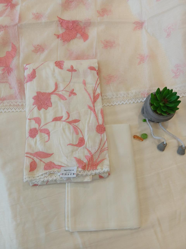 White and peach threadwork with net cotta dupatta