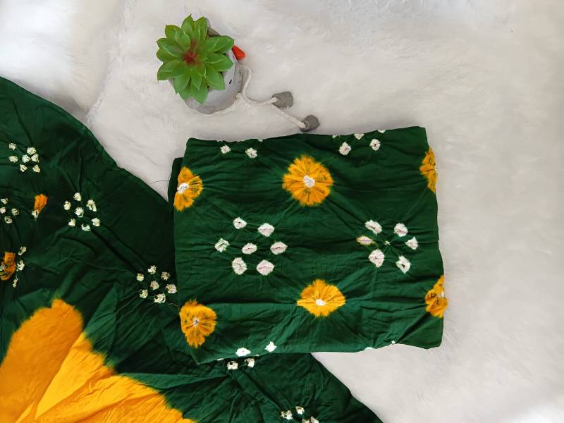 Bandhani Print Cotton Dress - Parrot Green