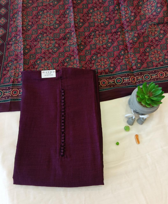 Purple plain semi silk with printed dupatta