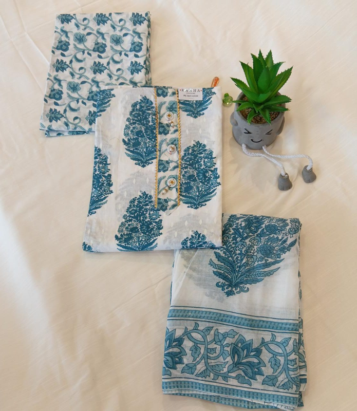 White and blue cotton printed Salwar suit