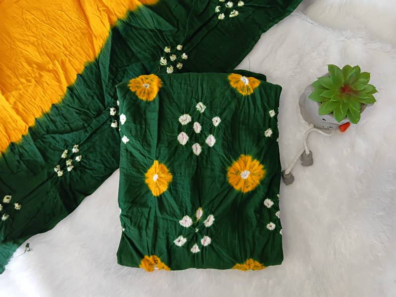 Bandhani Print Cotton Dress - Parrot Green