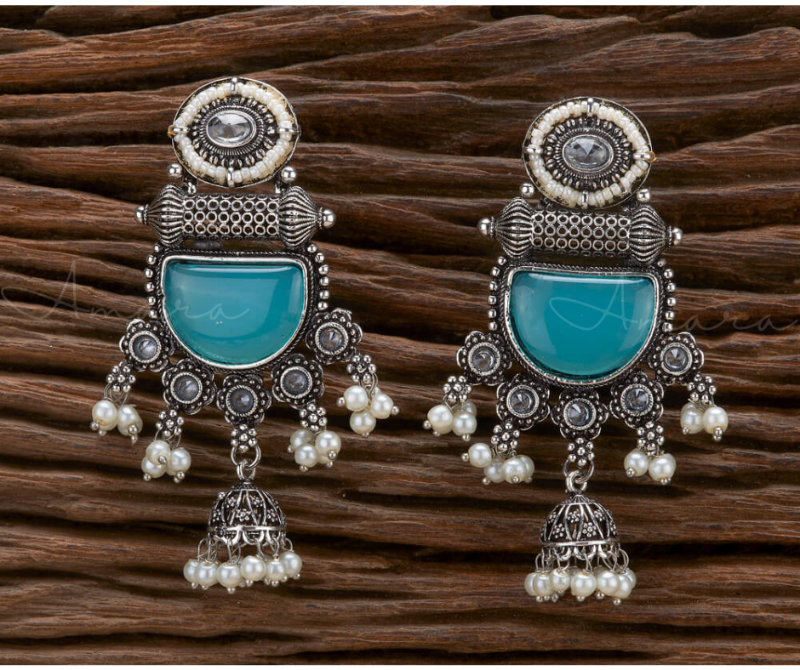 Pearl Jhumki Oxidised plating - AM807047 Turquoise