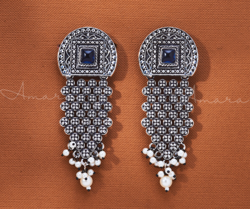 Pearl Earring Oxidised - AM808581 Blue