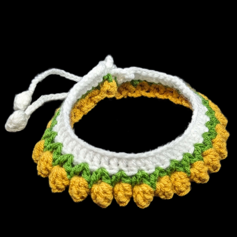 Handmade Adjustable Pet Collar: Tulip Motif Tie-on Collar (White, Green and Dark Yellow)