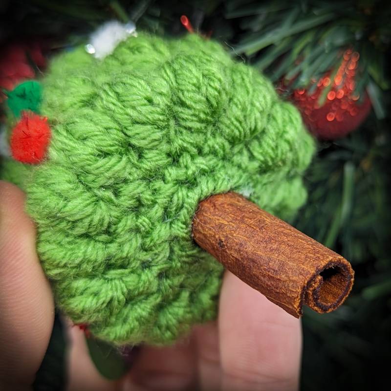 Light Green Xmas Tree "Bobble Stiched" Crochet Ornament with essential oil scented Cinnamon Stick 'Trunk'