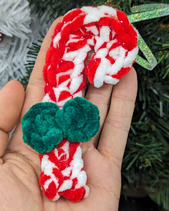 Candy Cane Crochet Ornament - Red/Foil Yarn with Deep Green Bow & Iridescent Ribbon