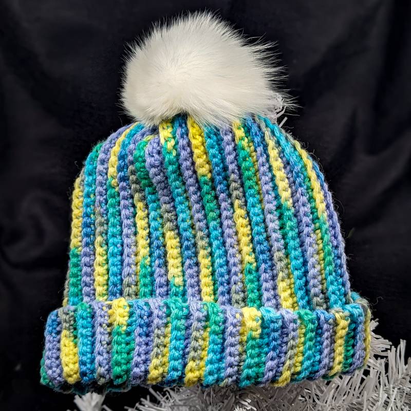 Lemon Fizz/Pansy/Seaspray Yarn Acrylic Crochet Winter Hat with detachable Pom-Pom (Adult sized)