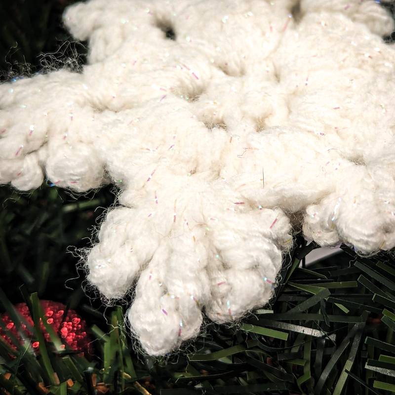 Irridescent-White Snowflake Crochet Ornament with 3D & Pearlescent mini Snowflake accents)