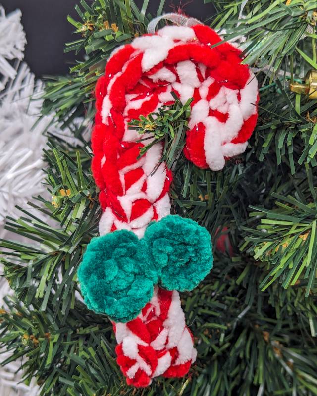 Candy Cane Crochet Ornament - Red/Foil Yarn with Deep Green Bow & Iridescent Ribbon