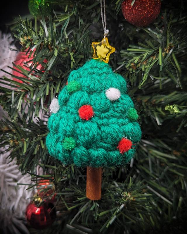 Dark Green Xmas Tree "Bobble Stiched" Crochet Ornament with essential oil scented Cinnamon Stick 'Trunk'