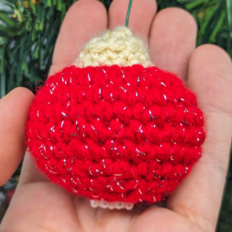 Crochet Bobble Ornament (Red-Foil Yarn with Pearlescent Acrylic Snowflake accent)