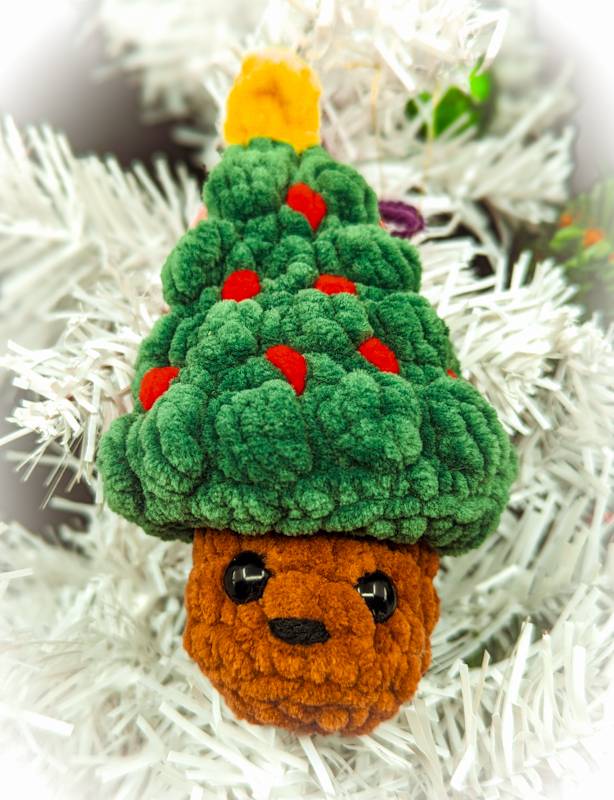 Christmas Tree "Pop" Crochet Plush with Red Ornamets Motif and Yellow Star (Pastel Green)