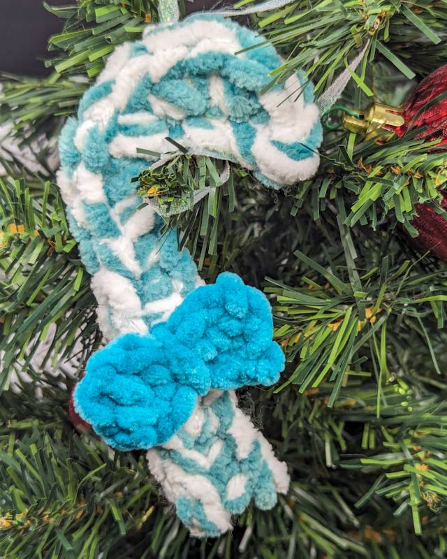 Candy Cane Crochet Ornament - Soft Green/White Yarn with Teal Bow & Iridescent Ribbon