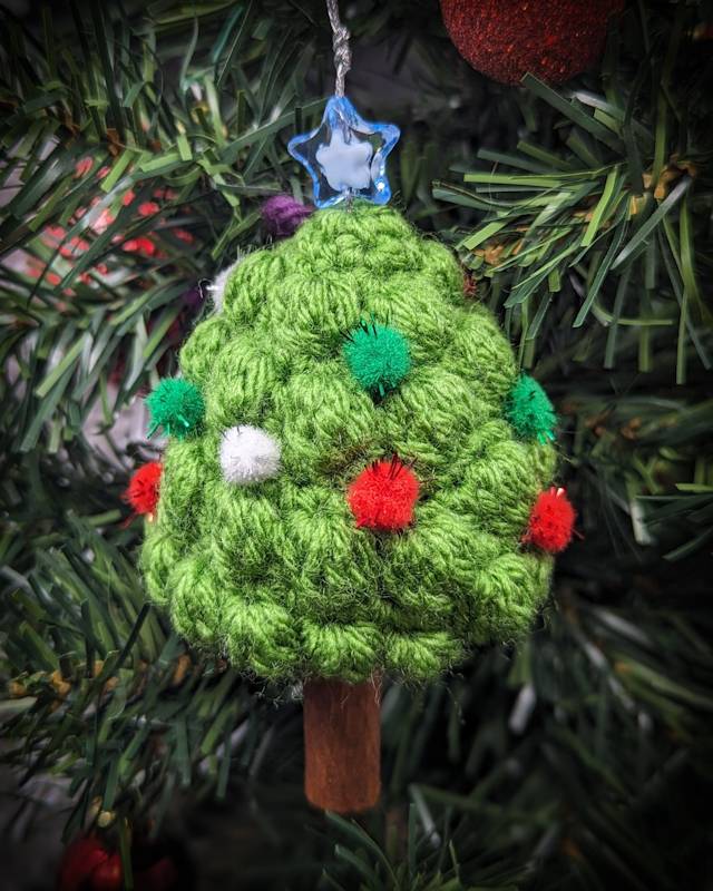 Light Green Xmas Tree "Bobble Stiched" Crochet Ornament with essential oil scented Cinnamon Stick 'Trunk'