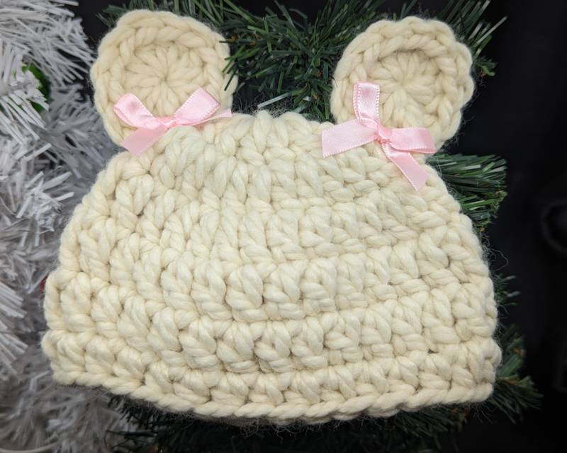 Crochet Baby Hat - Soft Tan/Beige Coloured Yarn with Mouse ears and Pink Ribbons (Newborn sized)