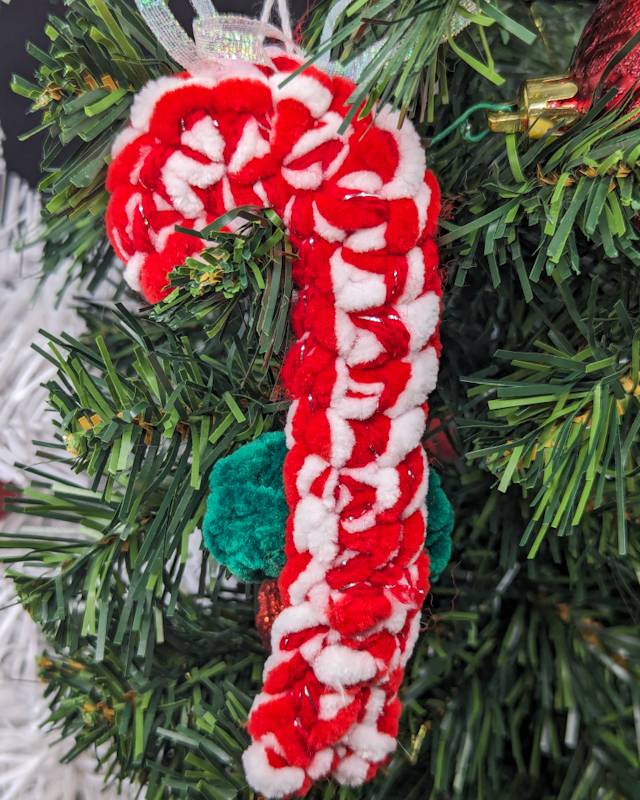 Candy Cane Crochet Ornament - Red/Foil Yarn with Deep Green Bow & Iridescent Ribbon