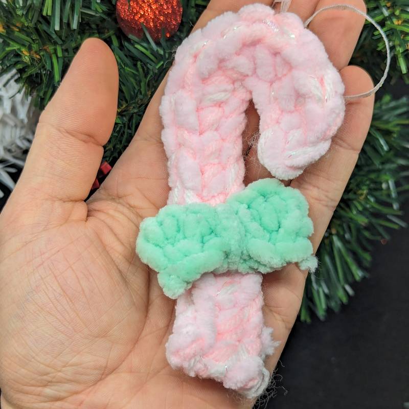 Candy Cane Crochet Ornament - Soft Pink/Irridescent Yarn with Soft Green Bow & Iridescent Ribbon