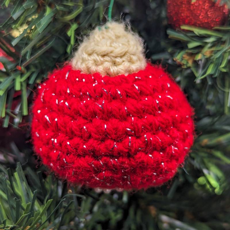 Crochet Bobble Ornament (Red-Foil Yarn with Pearlescent Acrylic Snowflake accent)