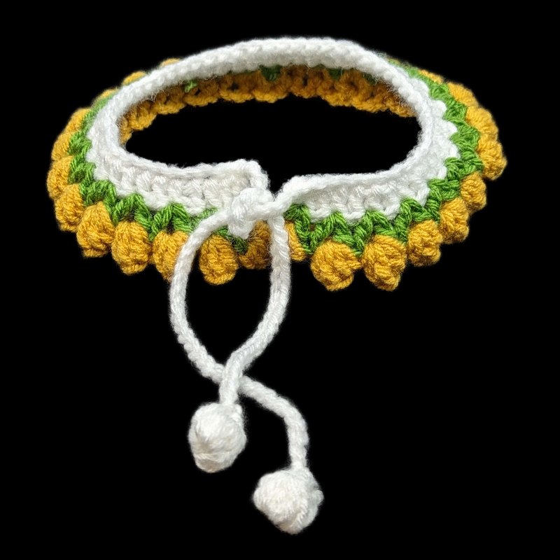 Handmade Adjustable Pet Collar: Tulip Motif Tie-on Collar (White, Green and Dark Yellow)