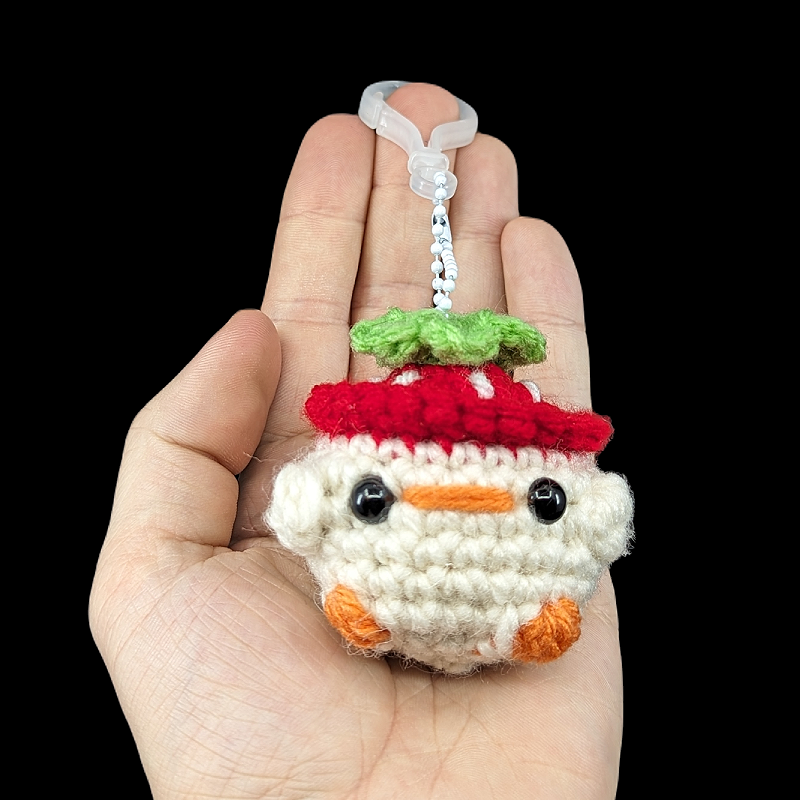 Tiny Duckie Wearing a Strawberry Hat Crochet Plush Mini Keychain (Assorted!)