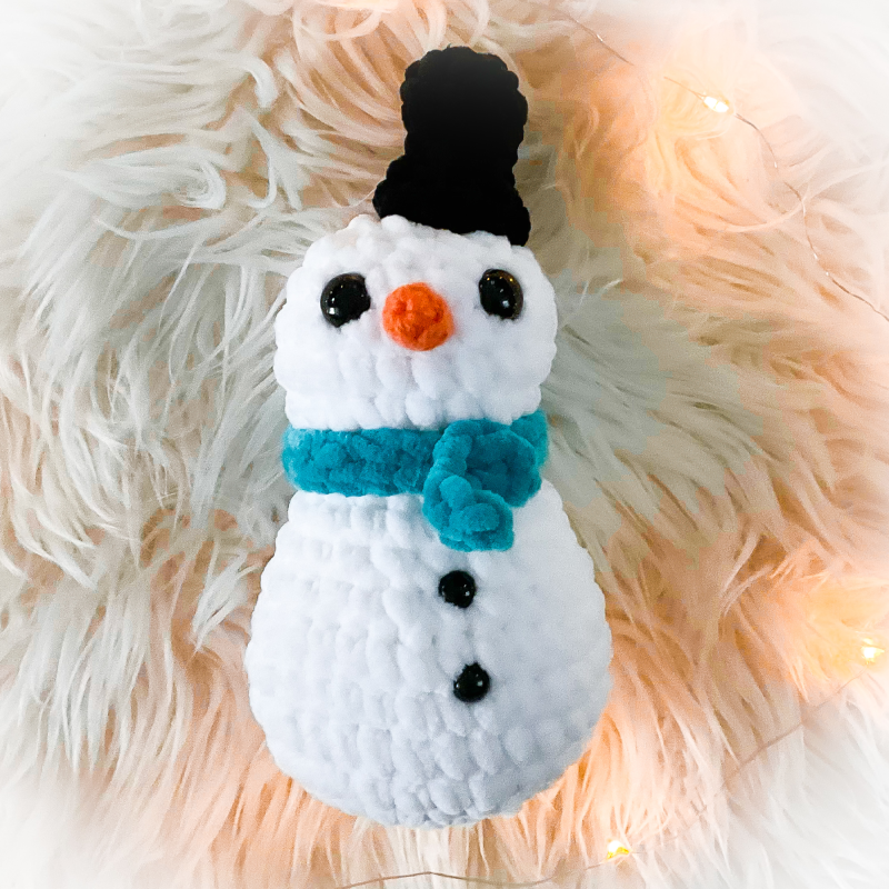 Traditional Snowman Crochet Plush with Black Top Hat,  Teal Scarf & Black Buttons