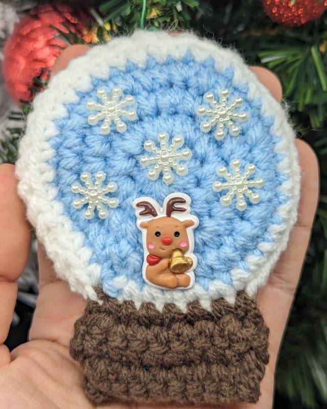 Crochet Snowglobe Ornament (E) - Brown base: Rudolph/Golden Bell icon with 5 snowflakes in Globe