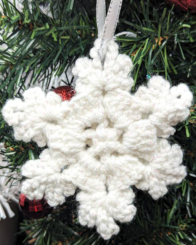 Irridescent-White Snowflake Crochet Ornament with 3D & Pearlescent mini Snowflake accents)