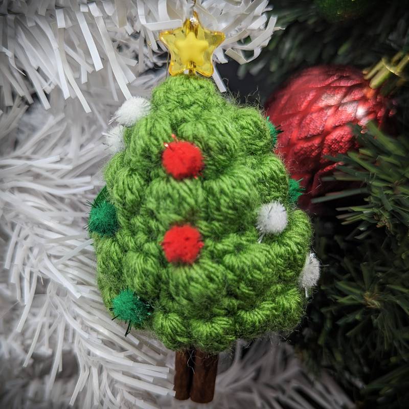 Light Green Xmas Tree "Bobble Stiched" Crochet Ornament with essential oil scented Cinnamon Stick 'Trunk'