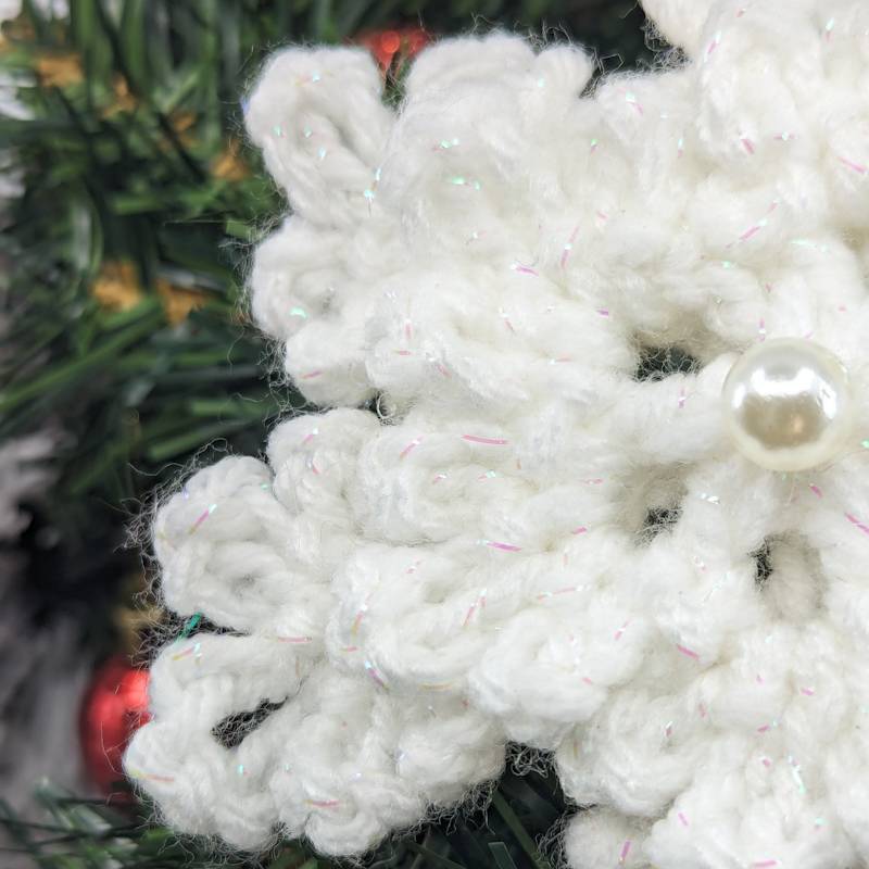 Irridescent-White Snowflake Crochet Ornament with 3D & Pearlescent mini Snowflake accents)
