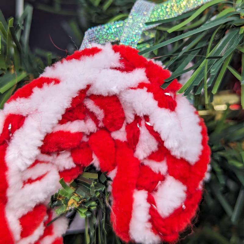 Candy Cane Crochet Ornament - Red/Foil Yarn with Deep Green Bow & Iridescent Ribbon