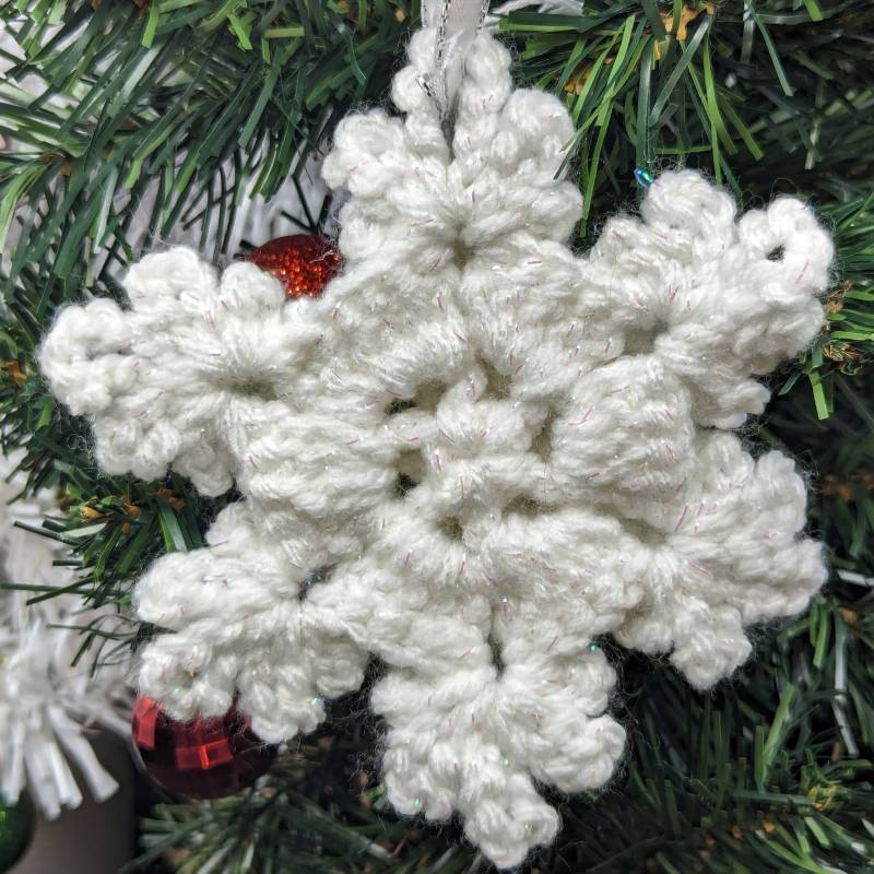 Irridescent-White Snowflake Crochet Ornament with 3D & Pearlescent mini Snowflake accents)