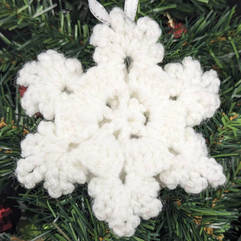 Irridescent-White Snowflake Crochet Ornament with 3D & Pearlescent mini Snowflake accents)