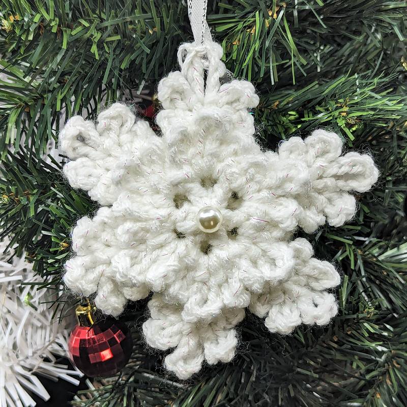 Irridescent-White Snowflake Crochet Ornament with 3D & Pearlescent mini Snowflake accents)