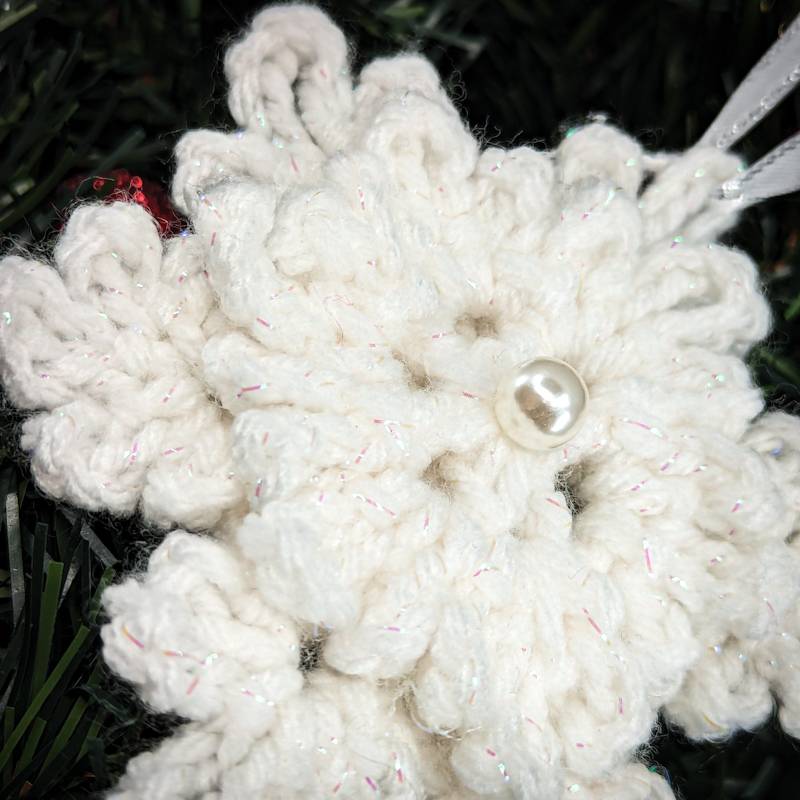 Irridescent-White Snowflake Crochet Ornament with 3D & Pearlescent mini Snowflake accents)
