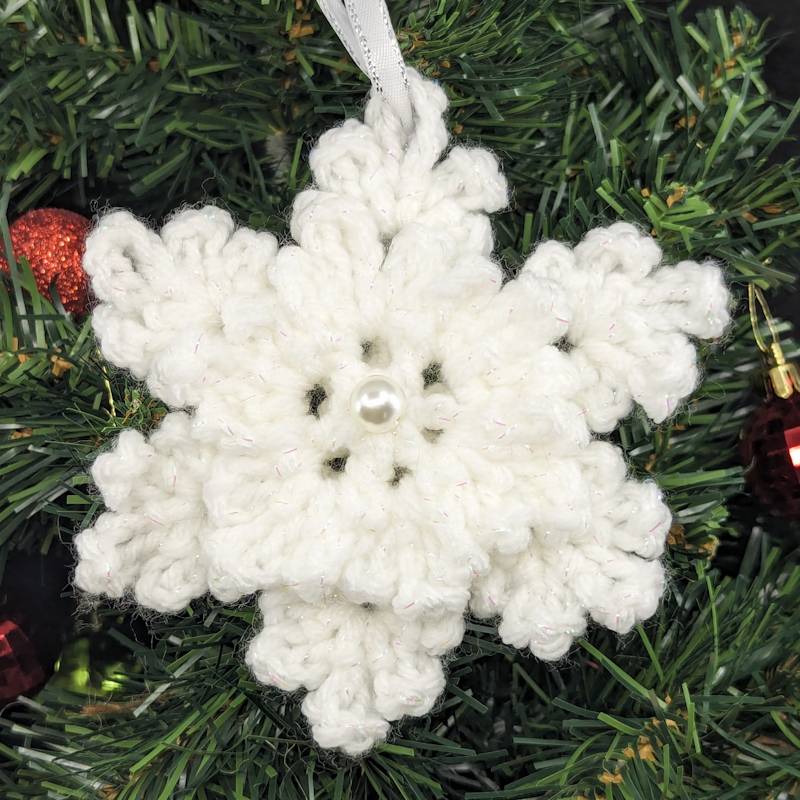 Irridescent-White Snowflake Crochet Ornament with 3D & Pearlescent mini Snowflake accents)