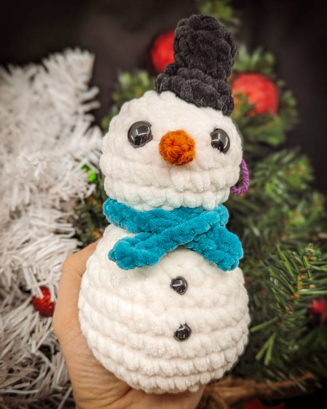 Traditional Snowman Crochet Plush with Black Top Hat,  Teal Scarf & Black Buttons