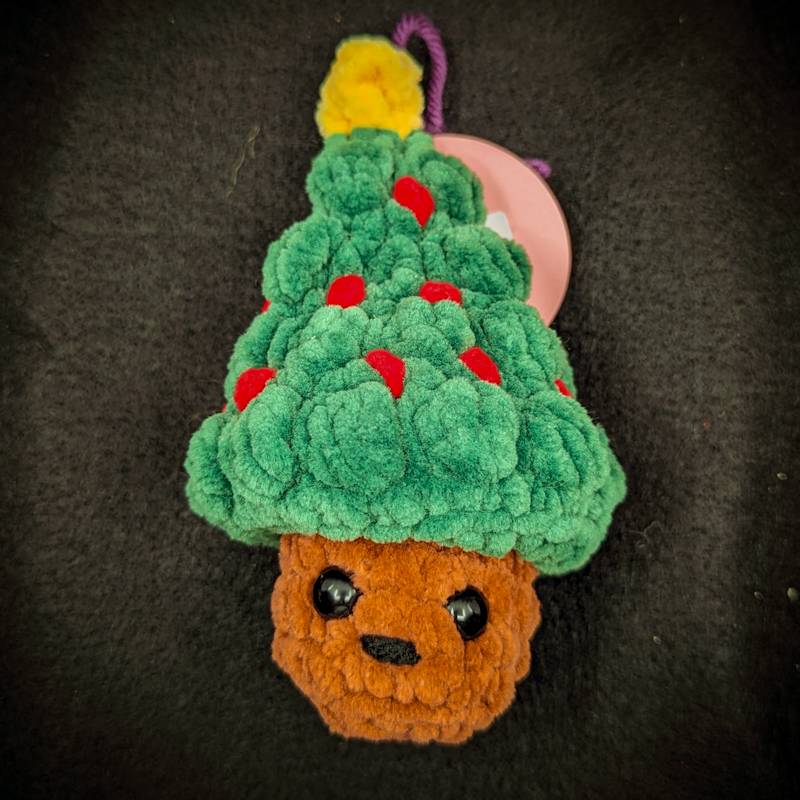 Christmas Tree "Pop" Crochet Plush with Red Ornamets Motif and Yellow Star (Pastel Green)