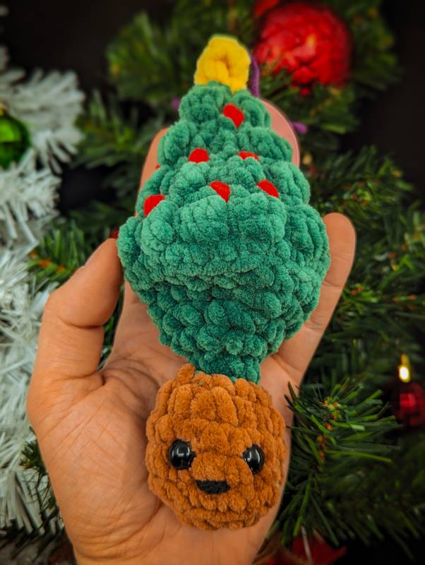 Christmas Tree "Pop" Crochet Plush with Red Ornamets Motif and Yellow Star (Pastel Green)