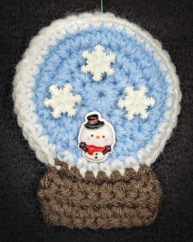 Crochet Snowglobe Ornament (B) - Brown base: Kawaii Snowman with 3 White Snowflake icons in Globe