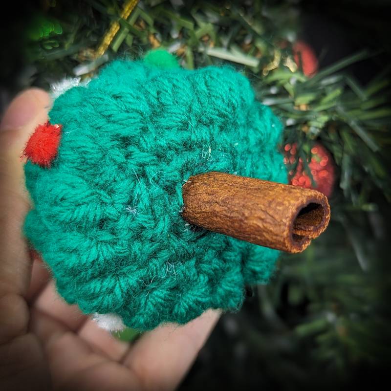 Dark Green Xmas Tree "Bobble Stiched" Crochet Ornament with essential oil scented Cinnamon Stick 'Trunk'