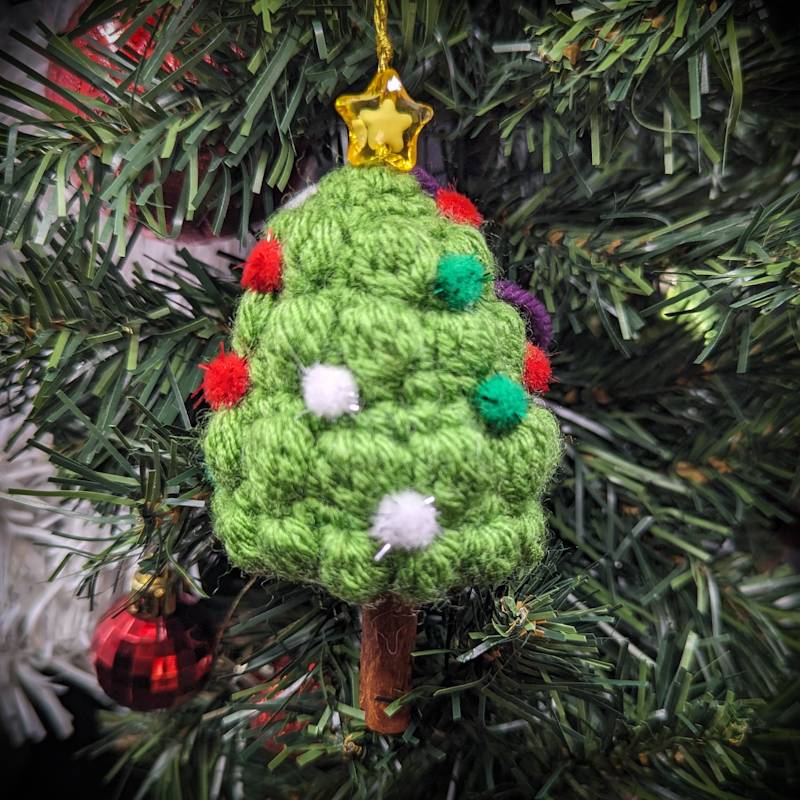 Light Green Xmas Tree "Bobble Stiched" Crochet Ornament with essential oil scented Cinnamon Stick 'Trunk'