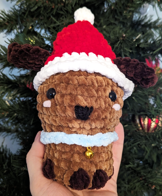 Puppy Dog Crochet Plush with Jingle Bell and Removable Red Santa Hat