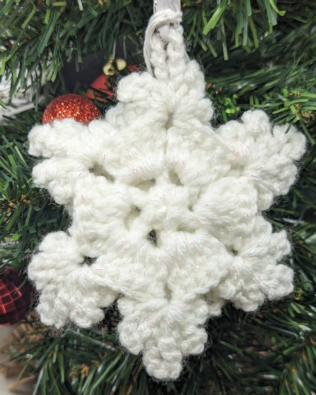 Irridescent-White Snowflake Crochet Ornament with 3D & Pearlescent mini Snowflake accents)