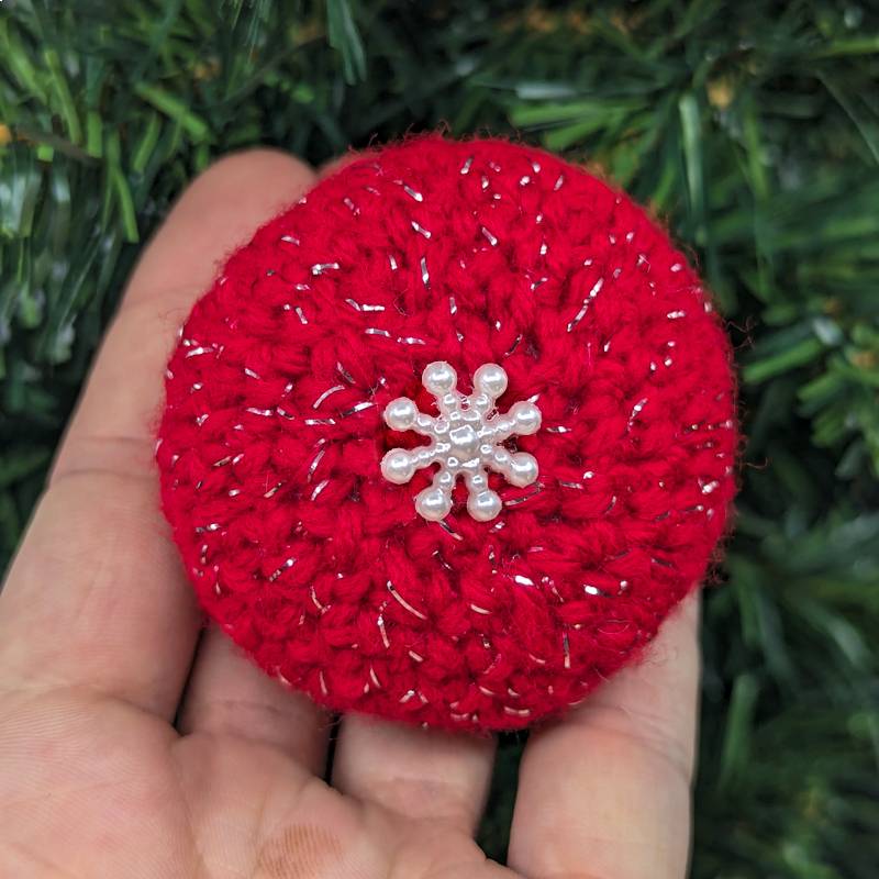 Crochet Bobble Ornament (Red-Foil Yarn with Pearlescent Acrylic Snowflake accent)