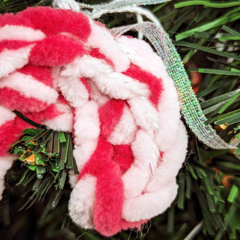 Candy Cane Crochet Ornament - Pink/Magenta Yarn with White Bow & Iridescent Ribbon