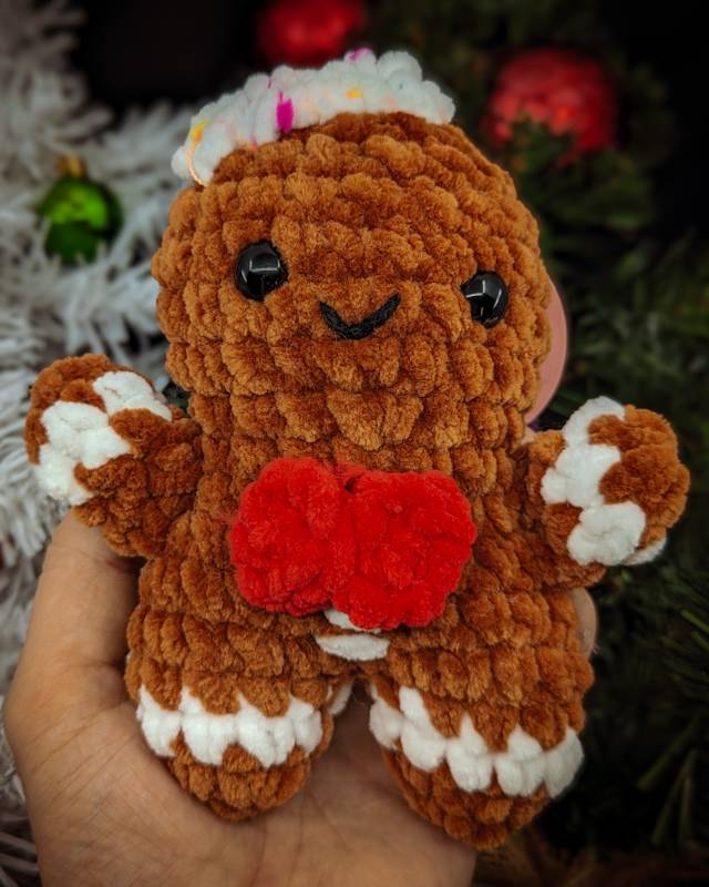 Gingerbread Person (C) Crochet Plush with Red Bowtie and Frosting Hat